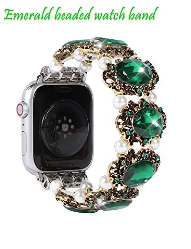 FTWIND Compatible With Apple Watch Band Bead Beaded iPhone Bracelet Strap Fancy Fashion Unique Pretty Replacement Jewelry Emerald Iwatch 38/44/42/40/41/45mm Series Green 38 6