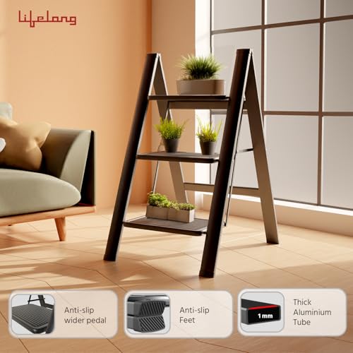 Image of Lifelong 3 Steps Steel Ladder for Home, Foldable & Portable Stairs, Versatile Use for Kitchen, Bathroom & Office Foot Stool - Multipurpose Three Step Stool with 150 Kg Capacity (LLSLS03, Black)