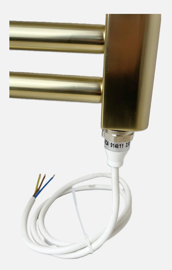 Porte-serviettes électrique en laiton brossé droit chauffant de 400 mm de large x 800 mm de haut avec radiateur plat + minuterie et thermostat