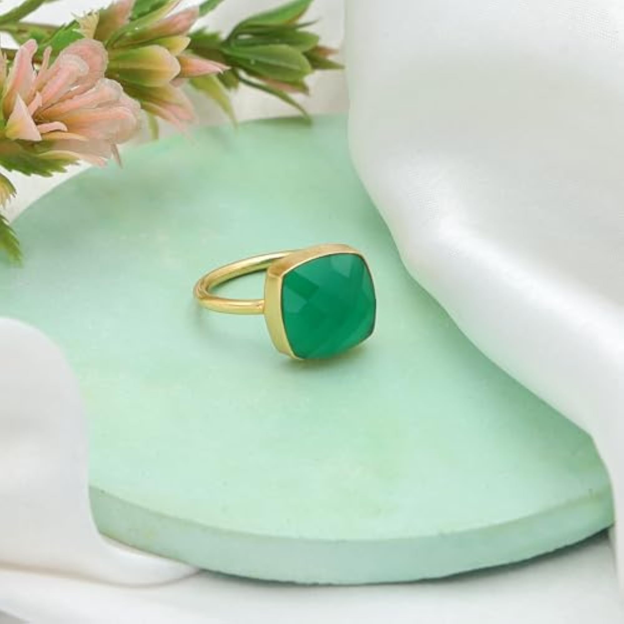 Green Onyx Cushion Ring, Artisan Gold Statement Ring, Gift for Her