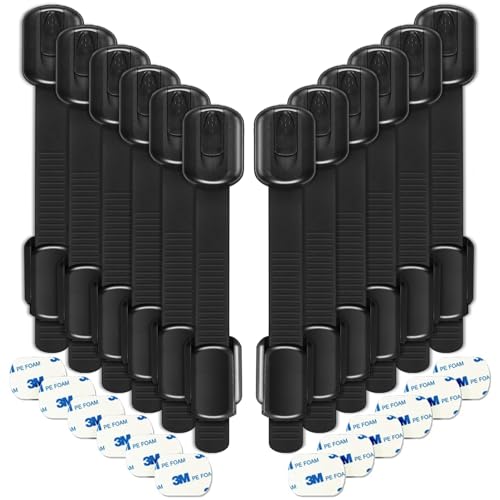 Image of Baby Proofing Safety Locks - 12 Pcs Child Proof Lock with 12 Extra 3M Adhesives - Reusable Adjustable Strap Latches to Cabinet Cupboard Drawer Dresser Fridge Toilet Seat Oven Closet Door Window-BLACK
