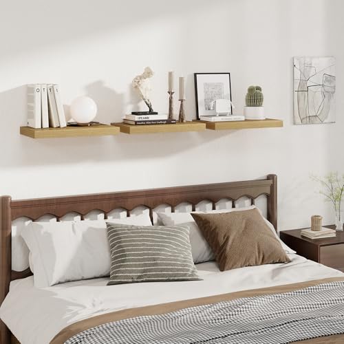 Image of Fun Memories 12 Inch Deep Floating Shelves for Wall, 20 Inch Long Wall Mounted Storage Shelf with Invisible Brackets, 2 Pack Hanging Wood Shelf for Farmhouse, Bedroom, Kitchen, Living Room, Oak