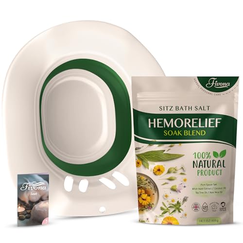 Fivona 2-in-1 Sitz Bath Soak Kit Over The Toilet Seat with Epsom Salt Blend with Essential Oils for Hemorrhoids and Postpartum Care Ideal for Perineal Soaking and Fast Irritation Relief