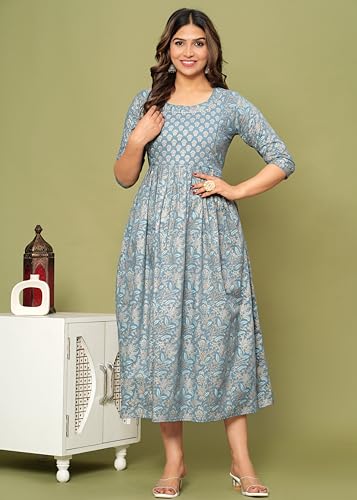 Image of JAIPURFAME Stylish Women's Pure Cotton All Over Printed Kurti Gown, Maternity Dress, and Feeding Dress - Comfortable and Elegant Maternity Wear for Women