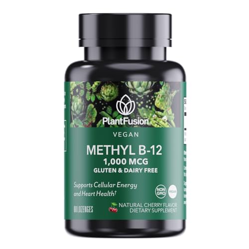PlantFusion Vegan B12 Methyl 1000 mcg - Sublingual Vitamin - Supports Energy Heart Health Nervous System - Cherry Flavor 60 High Potency Methylcobalamin Lozenges for Fast Absorption