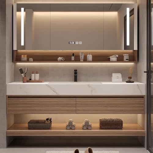 76 Inch Bathroom Vanity, Solid Wood Bathroom Vanity with Sink, Bathroom Vanity Set Includes Anti-Fog LED Mirror Cabinet, Marble Countertop & Storage Space, Floating Rustic Vanities - Single Sink
