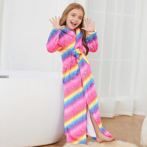 Image of Jxstar Girls Bathrobes Kids Long Hooded Robes Plush Full Length Coral Fleece Pajamas Sleepwear