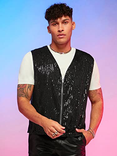 WDIRARA Men's Sequin Zipper Up Vest Fashion Solid Sleeveless V Neck Casual Jacket4