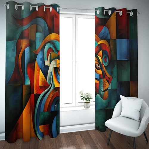 PARREN Cubismo Abstracto Cortinas Opacas león y Rostro Humano oscurecimiento Colorido la habitación Cortinas Cortas térmicas para la Puerta baño Cocina W140xL260cm 2 Paneles