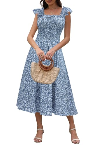 Image of Women's 2026 Spring Summer Floral Midi Dresses Square Neck Smocked Waist Beach Wedding Guest Long Flowy A Line Sundress