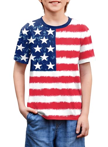Image of BesserBay Unisex Kids 4th of July American Flag Tee Tie Dye Patriotic Short Sleeve Shirt 6-14 Years