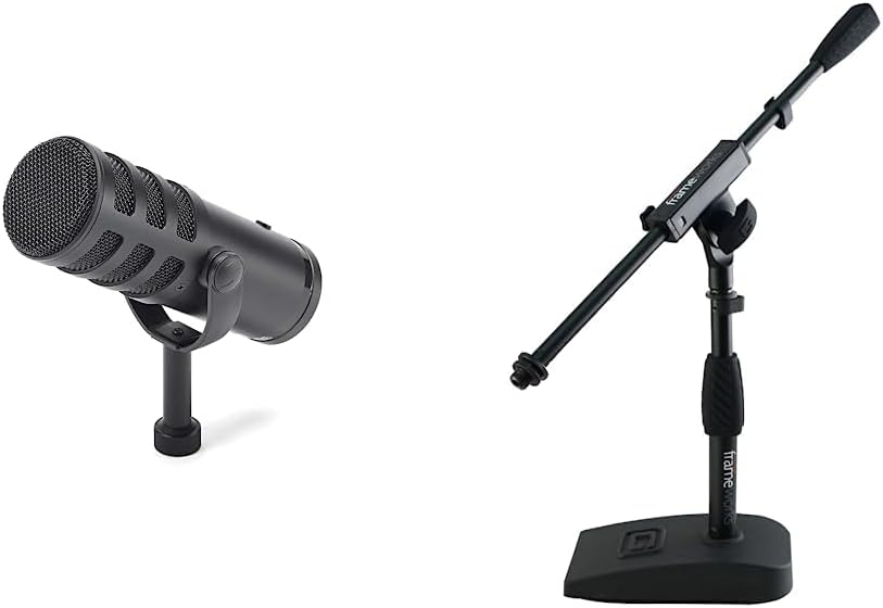 Samson Technologies Q9U Dynamic Broadcast Microphone, XLR/USB, Black & Gator Frameworks Short Weighted Base Microphone Stand with Soft Grip Twist Clutch, Boom arm Samson Technologies Q9U Dynamic Broadcast Microphone, XLR/USB, Black & Gator Frameworks Short Weighted Base Microphone Stand with Soft Grip Twist Clutch, Boom arm