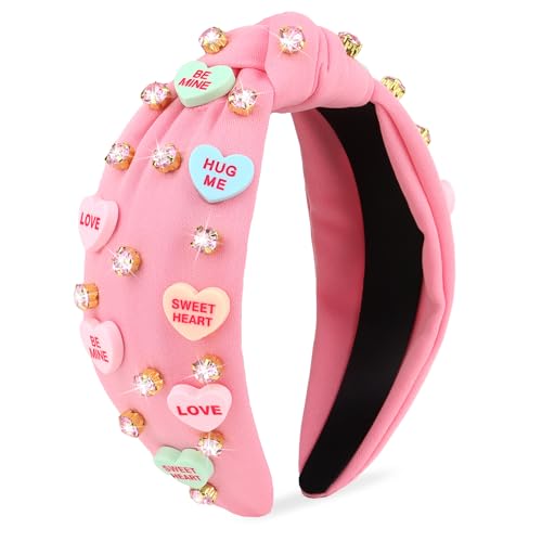 YARIEW Valentines Day Headbands for Women Love Sweet Red Heart Headband Rhinestone Knotted Headband for Women Valentine Day Decorations Fashion Headband Hair Accessories Pink