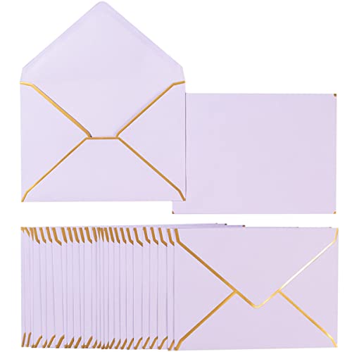 50 Pack A7 Envelopes Light Purple 5 x 7 Self-Adhesive V Flap Envelopes with Gold Border for Office, Greeting Card, Wedding, Graduation, Baby Shower, Parties, Invitations (Violet, 5x7)