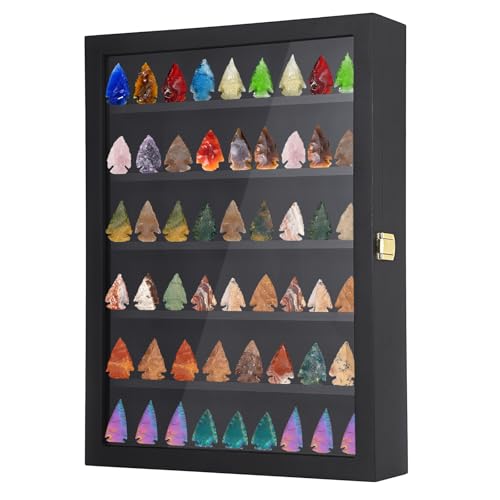 GUSHBIN Arrowhead Display Case Rock Display Cabinet Black Arrowhead Shadow Box with Removable Shelves Wall Mount Arrowhead Collection Cabinet for Agate Crystal Stone Military Challenge Coin