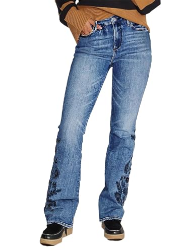 Flamingals Bootcut Jeans for Women Mid Waist Casual Wash Floral Embroidery High Stretch Jeans