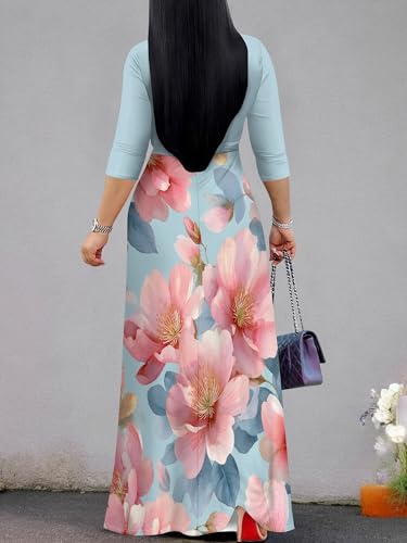 Image of PinkPatty Plus Size Maxi Dress for Women Casual V Neck 3 /4 Sleeve Boho Printed Long Dress with Pockets