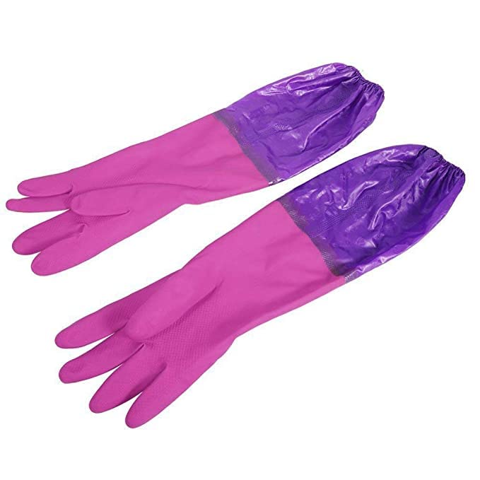 Image of Reusable Rubber Latex PVC Flock lined Long Sleeves elbow length Hand Gloves for Kitchen Dish-Washing, Cleaning, Gardening, Laundry and Sanitation and Lab Work (Long Elbow Lanth Gloves)