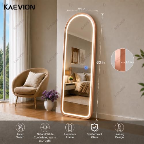Image of 5 Feet 3 in 1 LED Lighted Arch Mirror, Rose Gold | Full Length, Wall-Hanging, Premium 5mm Thick Frame, Backlit Tall Arched Vanity Mirror