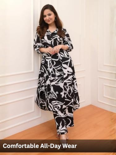 Image of GRECIILOOKS Co ord set for women stylish | Anarkali Kurta-Set - Viscose Printed Kurta & Straight Pant | kurtis| Festive Indian Traditional Outfit Dress for Functions & Puja | Trendy Travel & Streetwear Look for Woman | 3 /4 Half Sleeve