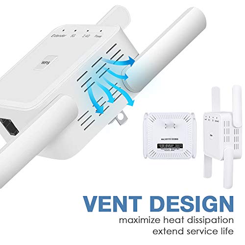 1200Mbps WiFi Booster Range Extender Repeater, 2.4 & 5GHz Dual Band WPS Wireless Signal 4 Antennas 360° Full Coverage, Extend WiFi Signal to Smart Home & Alex Devices (White)