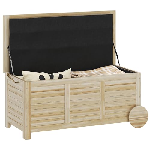 Outsunny Baúl de Almacenaje Exterior 185L, Arcón de Jardín de Madera con Tapa Abatible, 2 Ruedas, Bisagras Metálicas, Cuerdas de Lino y Forro Interior, 110x50x50 cm, Natural