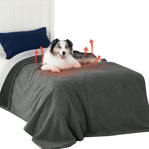 Image of Bedsure Self Warming Blanket for Bed - Sherpa Fleece Waterproof Dog Blankets for Large Dogs, Pet Blankets for Bed /Couch /Dog Crate, Soft Plush Reversible Furniture Protector, Twin Size, 80 inchx60 inch, Grey