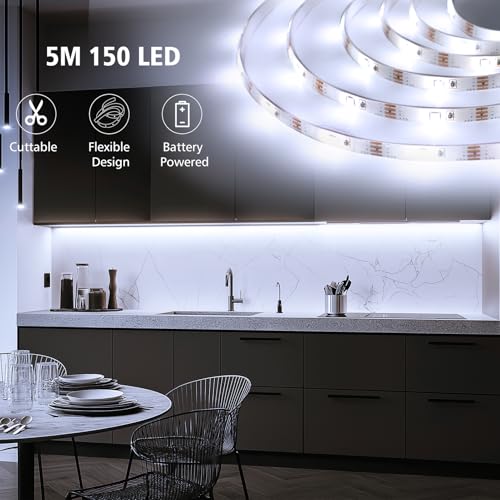 CCILAND LED Strip Lights Battery Powered 16.4ft/5m 150 LEDs White Tape Lights Strip with Remote, 8 Modes, Timer, Dimmable, Waterproof, Self-Adhesive LED Lights for Dorm Room Cabinet(Cool White)