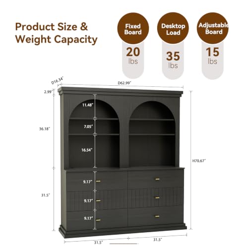 Image of ivaniti 71 inch Arched Kitchen Pantry Cabinet Set of 2 with 6 Drawers, Black Freestanding Storage Hutch with Open Shelves and Gold Handles for Kitchen, Dining Room
