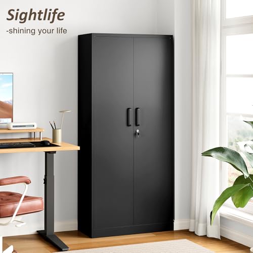 Sightlife Metal Garage Storage Cabinet with 2 Doors Lock Steel Tool Cabinets 4 Adjustable Shelves Lockable File Cabinet Tall Locker Organizer Steel Garage Cabinets Black - Image 2