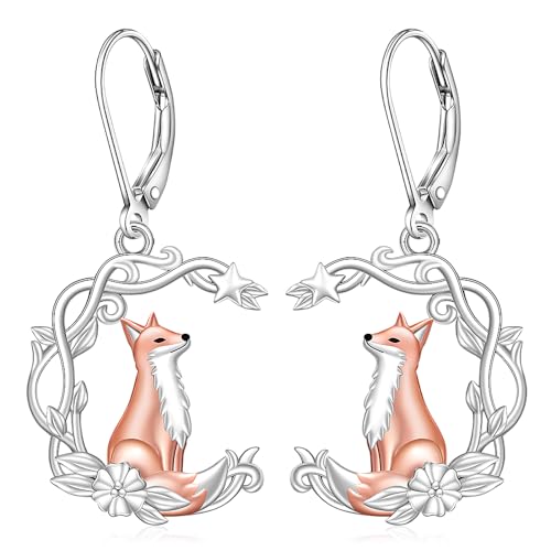 Fox Earrings for Women Dangle S925 Sterling Silver Rose Gold Fox Earrings Moon Star Cute Animal Gifts