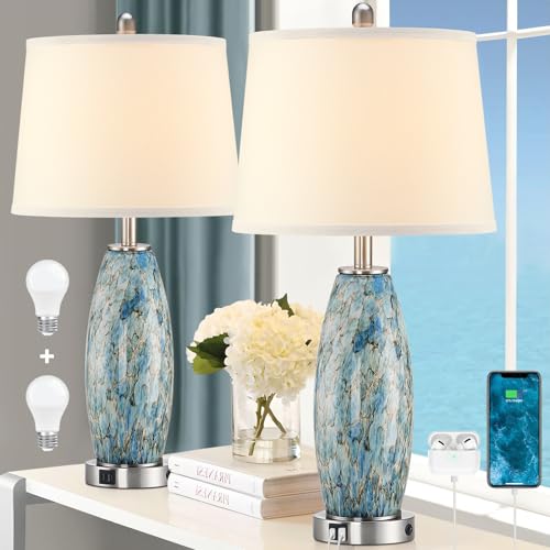 29" Tall Table Lamps Set of 2, Large Modern Lamps for Bedroom with Nightlight, Coastal Bedside Lamps with USB C+A, Glass Nightstand Table Lamps for Living Room, Bulbs Included
