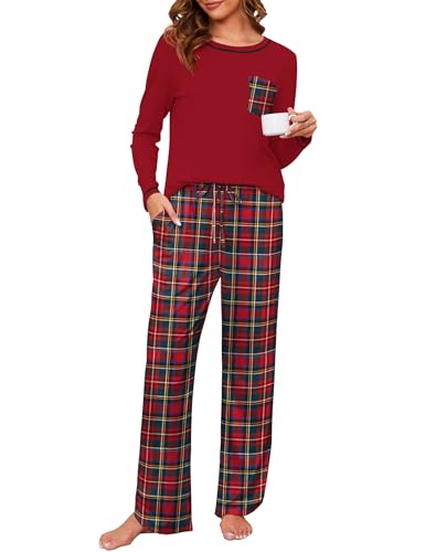 Namatime Schlafanzug Damen Lang Pyjama Damen Baumwolle Kariert Schlafanzüg Loungewear Winter Langarm Nachtwäsche mit Taschen Rot + Grün Kariert M