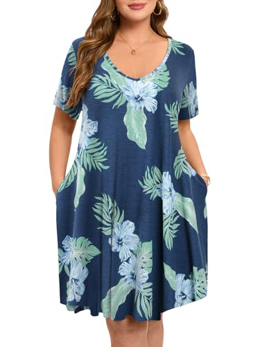 Image of ZENNILO Women's Plus Size Swing Dress with Pockets Casual Summer Dresses V Neck Short Sleeve T Shirt Dress for Women