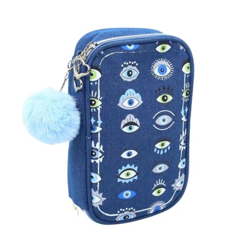 Estojo Material Escolar Grande Olhos Jeans Divisórias Pompom Azul Organizador Ensino Médio Feminino