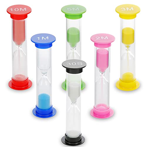 Teklemon Temporizador de Arena, 6 Piezas Reloj de Arena Colorido Jugueter Temporizador Arena 30s/1min/2min/3min/5min/10min para Niños Que Se Cepillan Los Dientes, Escuela, Oficina, Hogar, Cocina Cover