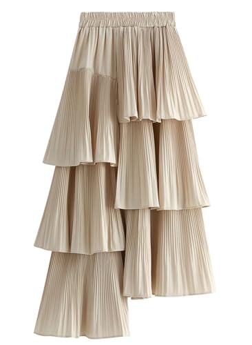 Wuitrie Long Pleated Skirts for Women Ruffle Layered Asymmetric Hem High Waist Flowing Skirt Fairy Midi Skirts