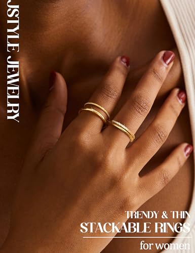 Jstyle Gold Stackable Rings for Women Non Tarnish Open Adjustable Rings Cubic Zirconia Thin Thumb Silver Ring Set 14K Gold Filled Pinky Knuckle Stacking Set - Dainty Statement Promise Band Ring Sets2