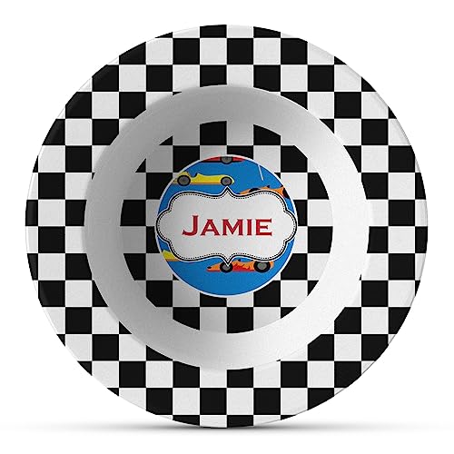 Personalized Checkers & Racecars Plastic Bowl - Microwave Safe - Composite Polymer