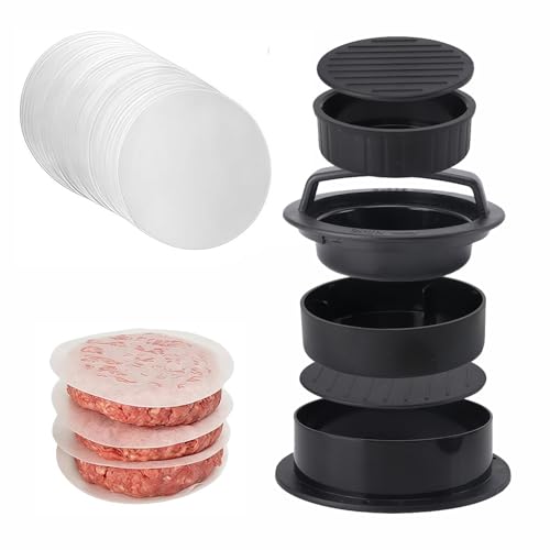 HXHWKEN Prensa para Hamburguesas 3 en 1 Antiadherente Prensa de Hamburguesa con 100 Hojas de Papel Molde Hamburguesa para Hacer Deliciosas Hamburguesas y Sándwiches