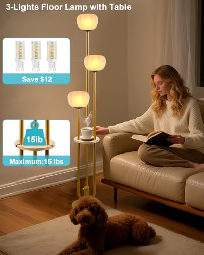 Image of Gold Floor Lamp with Table, Modern Dimmable Floor Lamps with Pumpkin Lampshade, 3000K Soft Warm White Bulbs Included, 3-Light Tall Standing Lamp with 5Lbs Heavy Base for Living Room /Bedroom