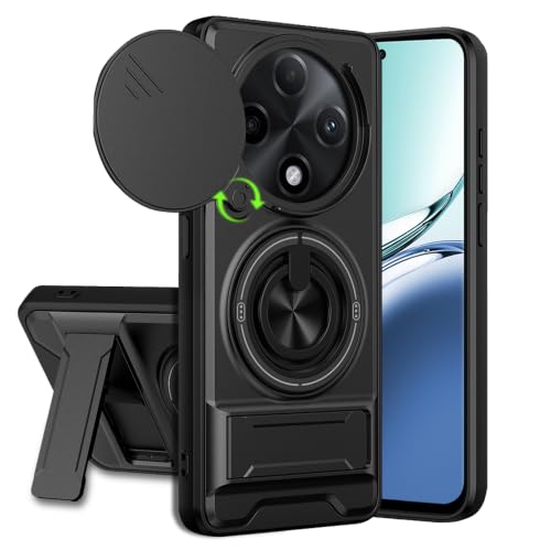Image of Oppo F27 Pro Plus 5G Back Cover | Armor Camera Slider 360 Degree Rotating Finger Ring Holder Case with Bracket Stand Back Case Cover (Compatible with MagSafe Accessories) (Black)