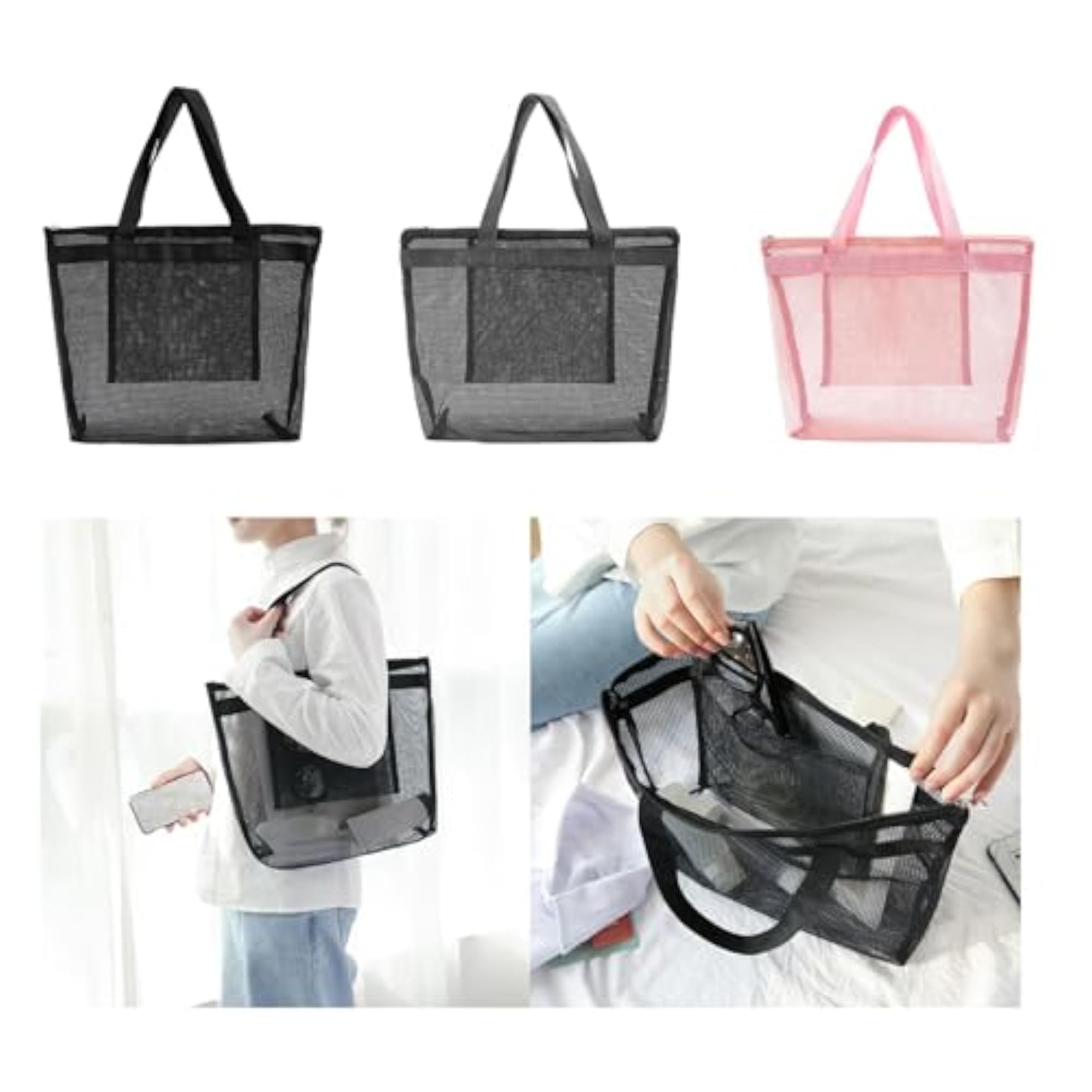 Mesh Beach Bag with Zipper, Large Capacity, Stylish Black