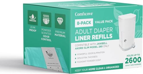 Comficove 8 Pack Janibell Akord Refill Liners Compatible with Janibell Akord 280 Slim Model Adult Diaper Pail Liners Odor Resistant Bags