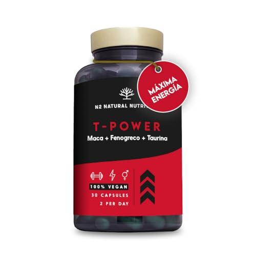 T - Power Potenciador Natural Masculino con Maca, Ginseng, Fenogreco, L-Taurina, Pimienta Negra. Estimulante + Fuerza + Resistencia + Energía. Pre-entreno. 30 Cápsulas. Vegano. N2 Natural Nutrition