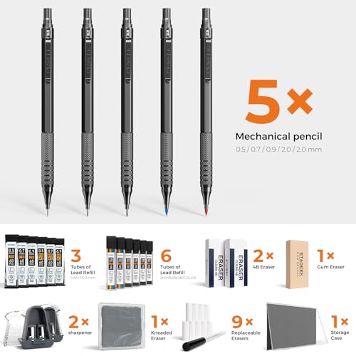 STAGEEK 25PCS Art Mechanical Pencil Set, 3PCS Metal lead pencil 0.5, 0.7, 0.9, 2PCS 2mm Drawing Pencil (HB 2H 2B 4B Color) with 392PCS Graphite Leads, Eraser with Case for Drafting Drawing Writing by STAGEEK - Image 5