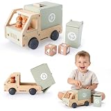 mamabrum Holz-Müllwagen mit Zubehör, Lernspielzeug für Kinder ab 3 Jahren, MDF, Natur und Grün, 2 Holzfiguren, Mülltonne, 19,5 × 13 × 13,5 cm, MAM298 T