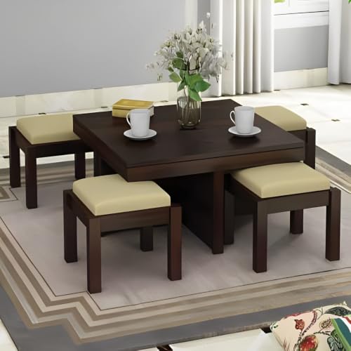 Image of Loonart Solid Sheesham Wood Coffee Table with Four Cushioned Stools | Idel for Living Room | Cafe | Restaurant | Space Saving Indoor Table Set | Finish Color - Walnut Finish | Cream Cushion |