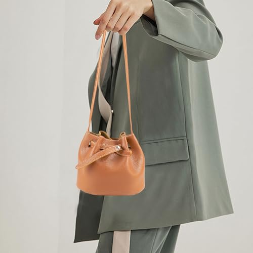 Image of Ladies Bucket Bags,Small Bucket Purses Leather Crossbody Purse Adjustable Shoulder Strap Shrinking Bucket Bag