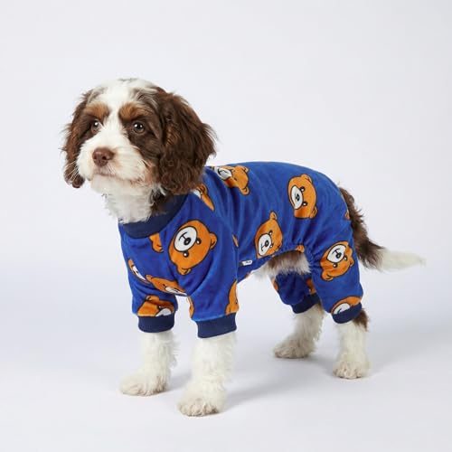 Fitwarm Hunde-Pyjama, Hundekleidung für kleine Hunde, Jungen, Mädchen, Fleece-Einteiler mit Füßen, Königsblau, Braun, Größe S